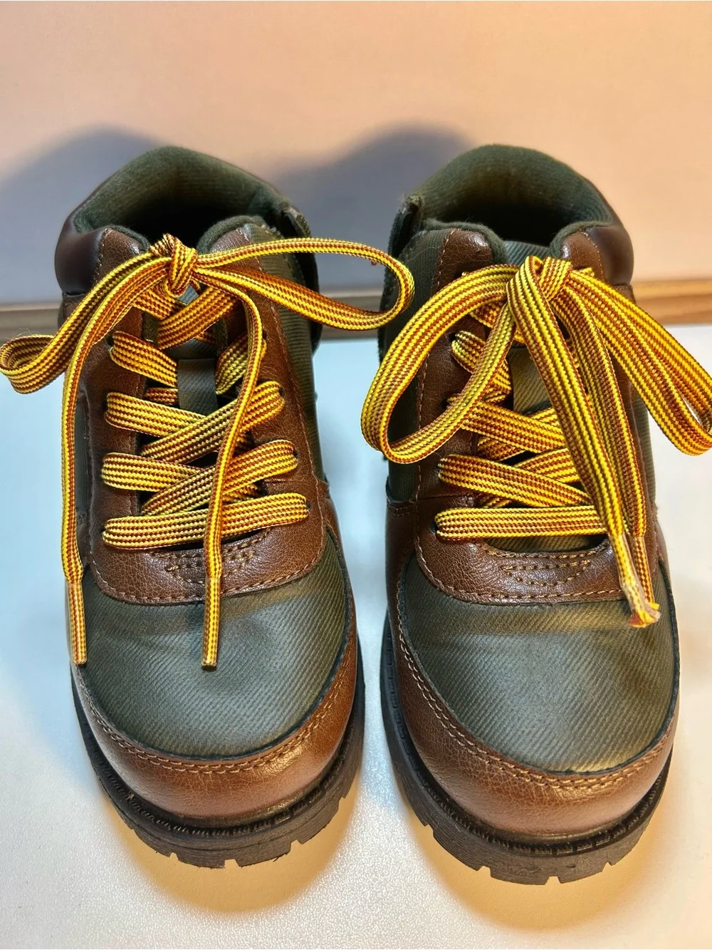 Carter's Olive and Brown Kids Hiking Boots with Yellow Laces, Toddler's 12M